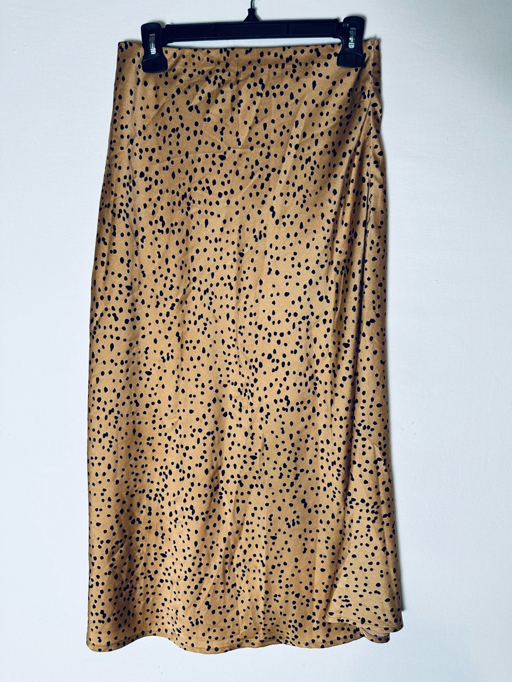 L Love High Waist Tan Silky Satin Spotted Print Midi Maxi Skirt M Grunge